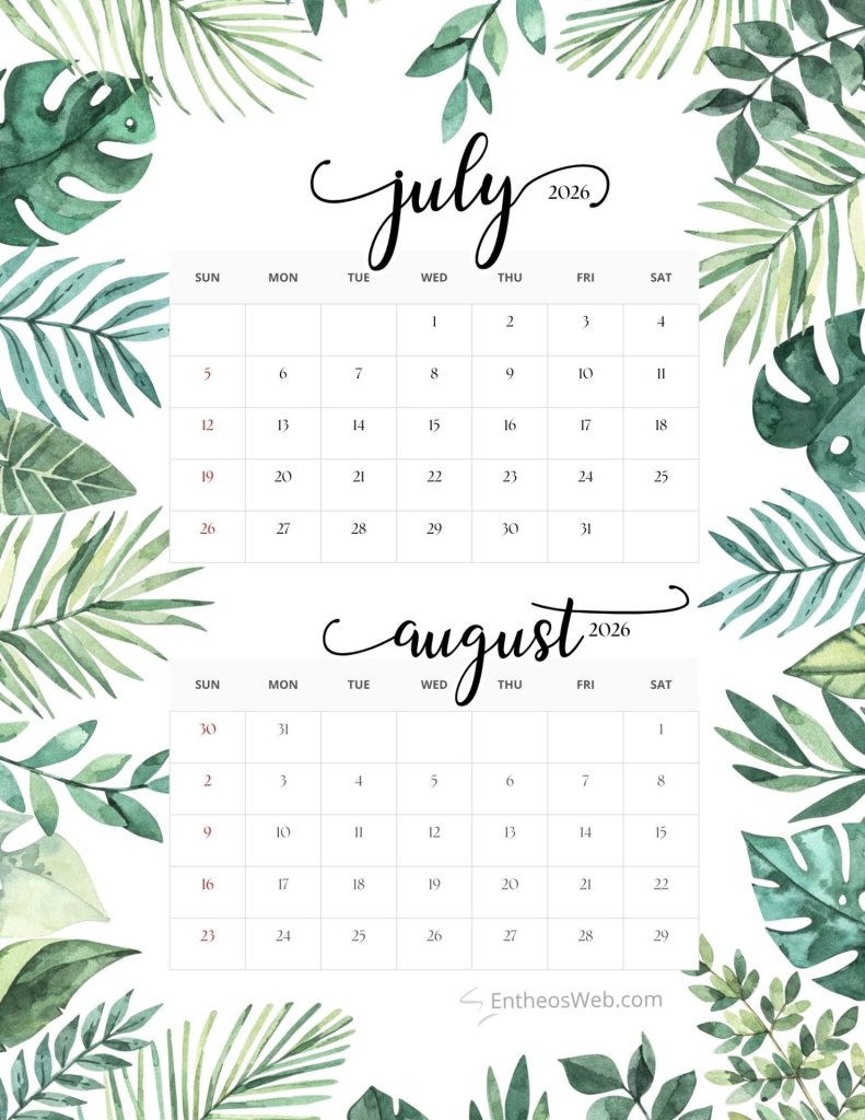 July  august 2026   2 month printable calendar with leaf border 2 month   july august 2026 calendar 8 5 x 11 in   leaves